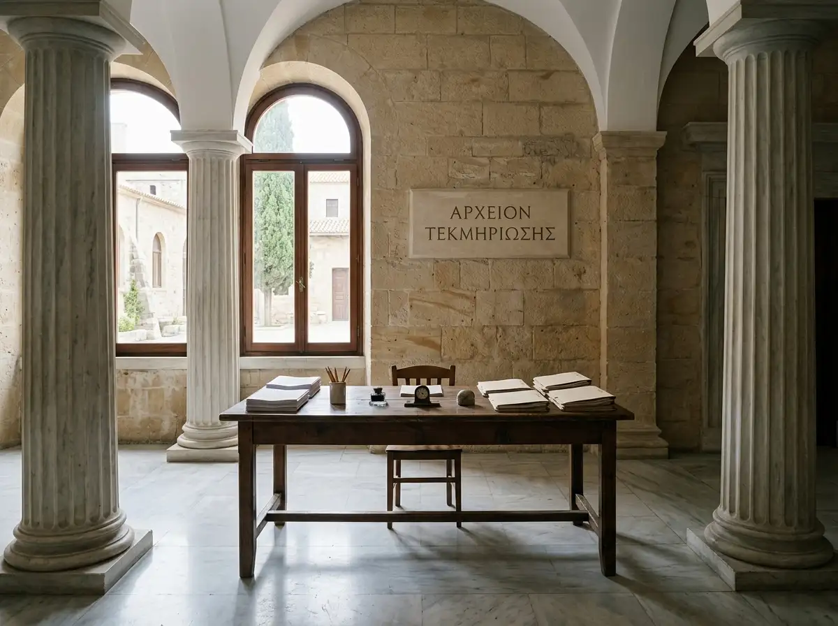 Μαρμάρινος διάδρομος με στήλες και ταξινομημένους φακέλους πάνω σε τραπέζι