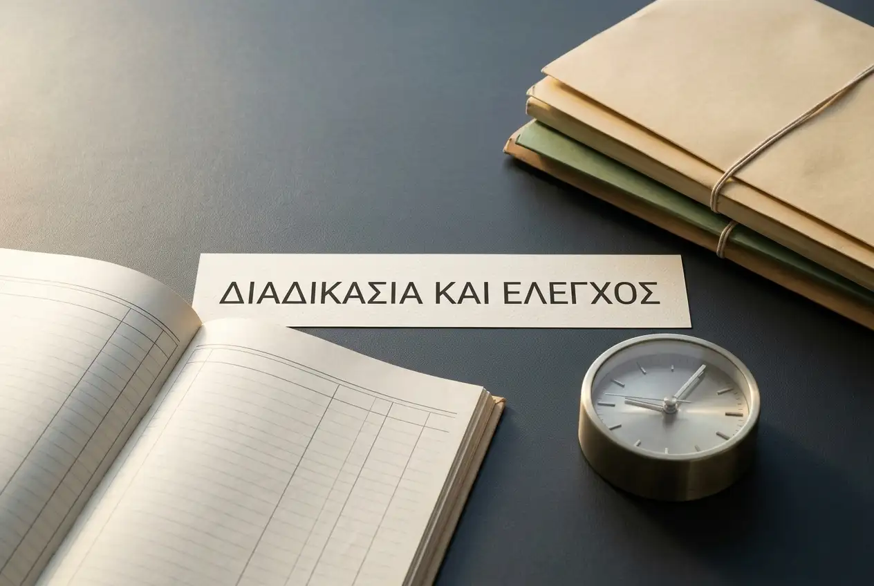 Ανοιχτό σημειωματάριο με κενές στήλες δίπλα σε κλειστούς φακέλους πάνω σε σκούρο γραφείο