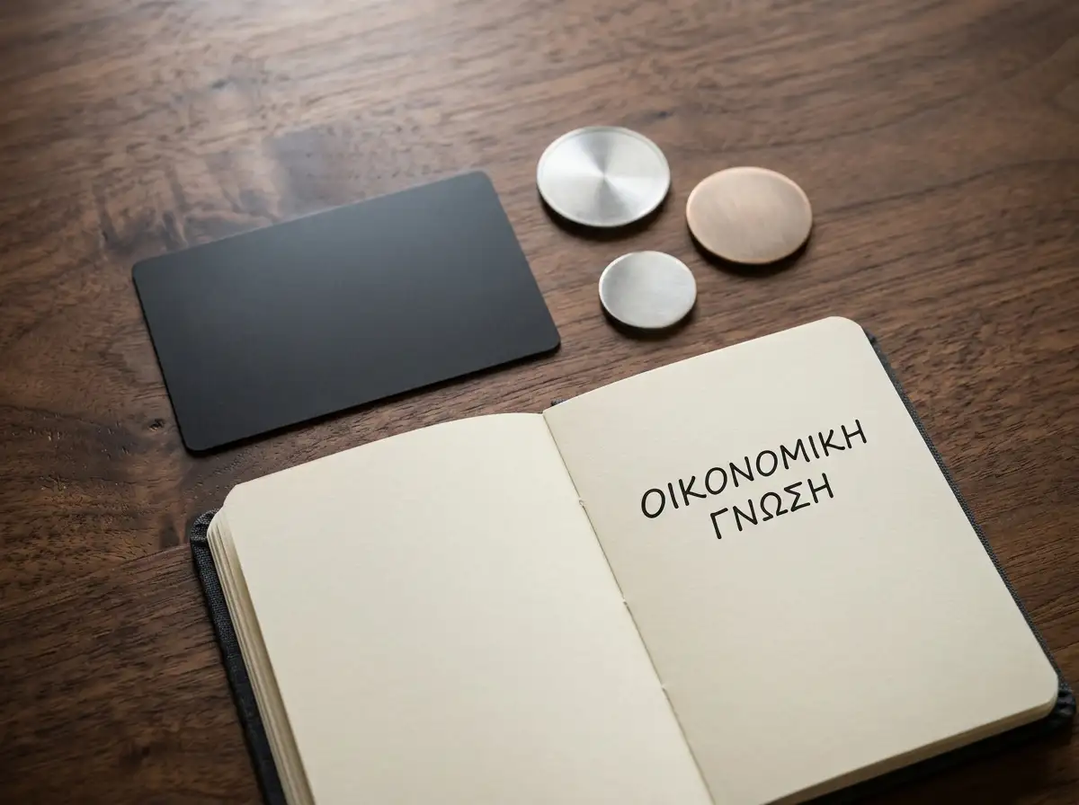 Τραπεζική κάρτα δίπλα σε αφαιρετικά μεταλλικά νομίσματα και μικρό σημειωματάριο
